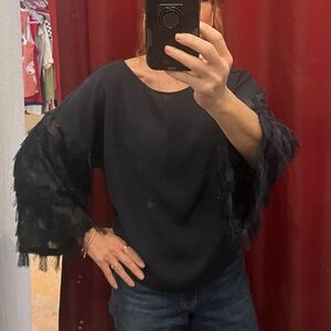 Elegant Navy Fringe Sleeve Top